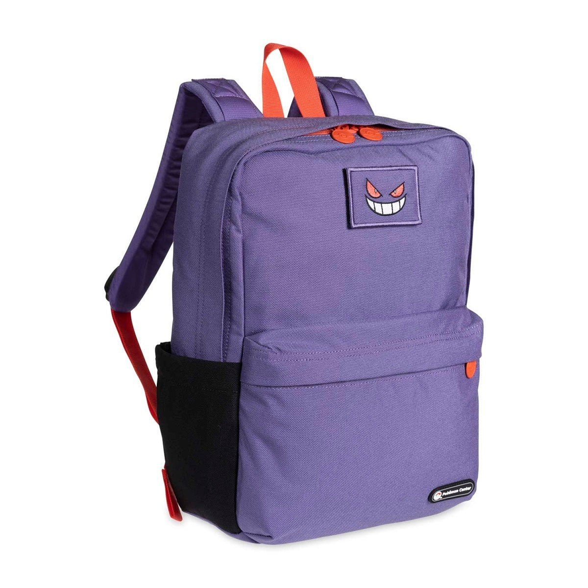 Purple backpack with a character patch on a white background