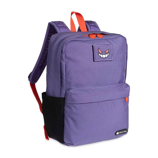 Purple backpack with a character patch on a white background