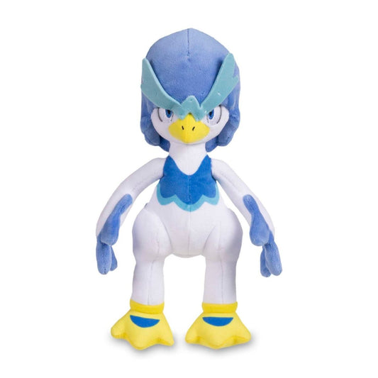 A plush toy depicting the Pokémon Quaxwell in a standing pose, featuring blue and white fabric with embroidered details, and yellow feet.